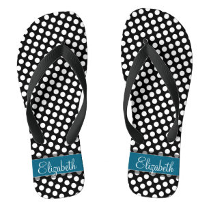 Black and White Polka Dot Pattern Blue Monogram Thongs