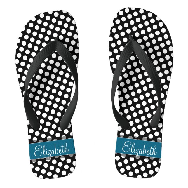 Black and White Polka Dot Pattern Blue Monogram Thongs (Footbed)