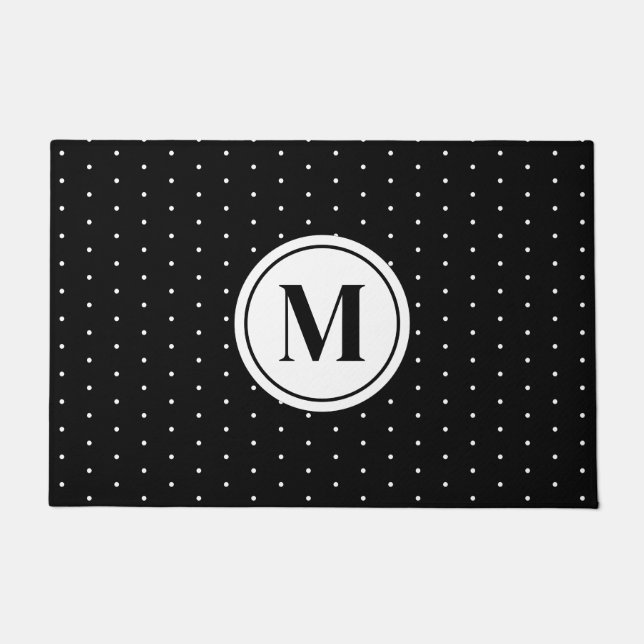 Black and White Polka Dot Pattern Monogram Doormat (Front)