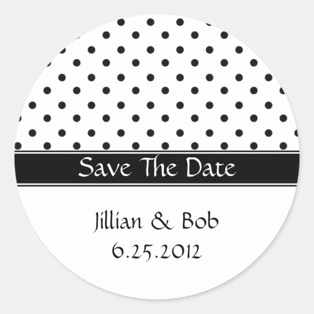 Black and White Polka Dot Save The Date Stickers (Front)