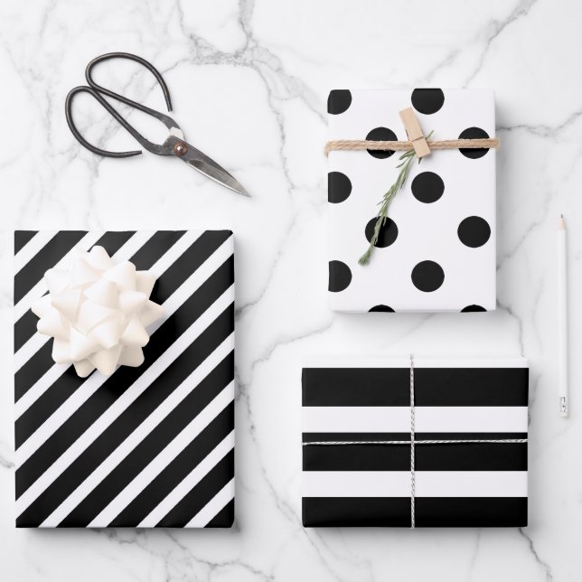 Black and White Polka Dot Striped Wrapping Paper Sheet (Front)