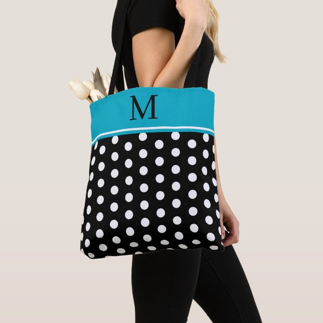 Black and White Polka Dot With Azure Blue Monogram Tote Bag (Close Up)