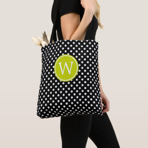 Black and White Polka Dot With Lime Green Monogram Tote Bag