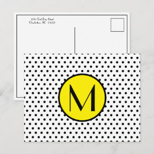 Black and White Polka Dot With Yellow Monogram Postcard