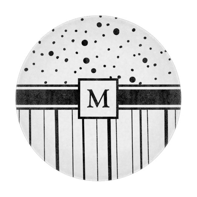 Black and White Polka Dots and Stripes Monogrammed Cutting Board (Front)