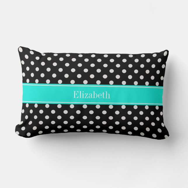 Black and White Polka Dots Aqua Name Monogram7 Lumbar Cushion (Front)