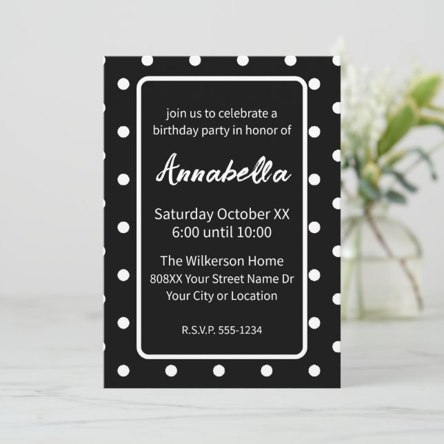 Black and White Polka Dots Birthday Party Invitation (Standing Front)