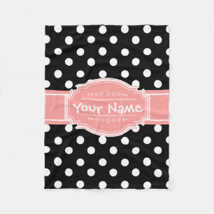 Black and White Polka Dots Coral Personalised Name Fleece Blanket