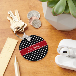 Black and White Polka Dots Cranberry Name Monogram Key Ring