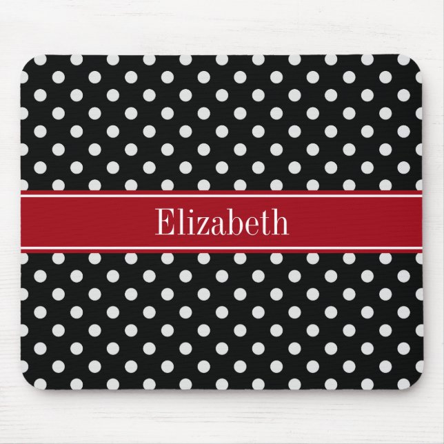 Black and White Polka Dots Cranberry Name Monogram Mouse Pad (Front)