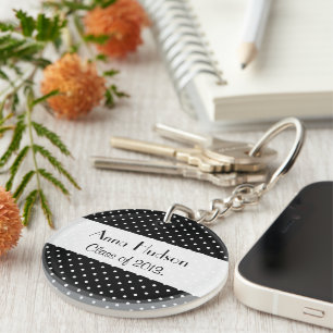 Black and White Polka Dots, Dotted, Graduation Key Ring