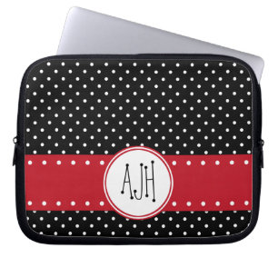 Black and White Polka Dots, Dotted, Monogram Laptop Sleeve