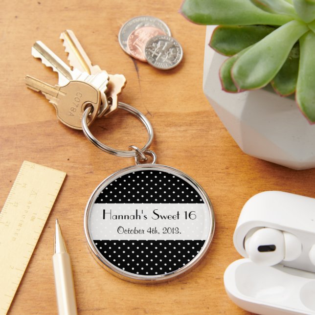 Black and White Polka Dots, Dotted, Sweet 16 Key Ring (Desk)