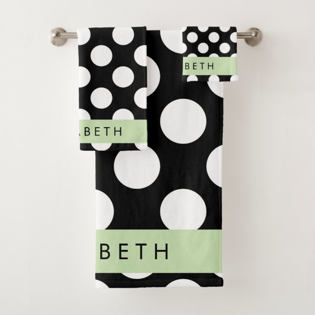 Black and White Polka Dots, Dotted, Your Name Bath Towel Set (Insitu)