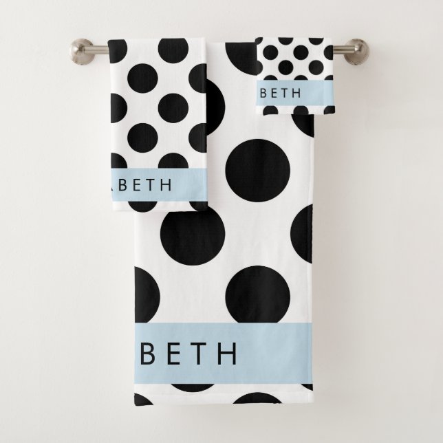 Black and White Polka Dots, Dotted, Your Name Bath Towel Set (Insitu)