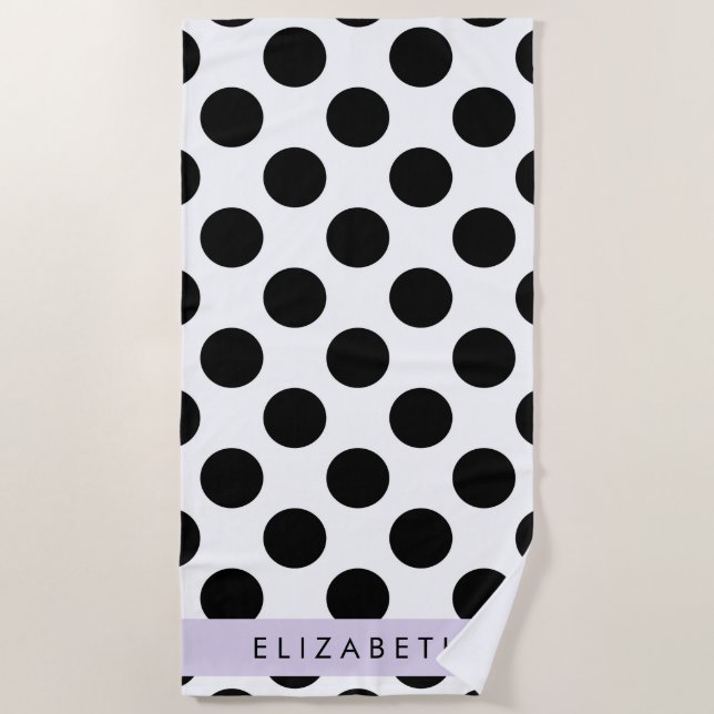 Black and White Polka Dots, Dotted, Your Name Beach Towel (Front)