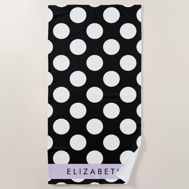 Black and White Polka Dots, Dotted, Your Name Beach Towel (Front)