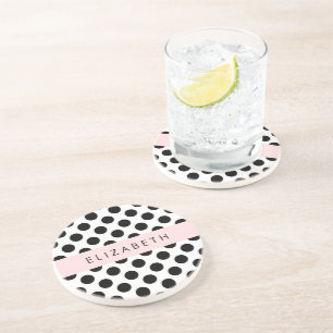 Black and White Polka Dots, Dotted, Your Name Coaster