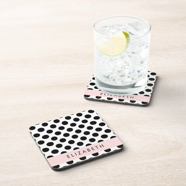 Black and White Polka Dots, Dotted, Your Name Coaster (Right Side)