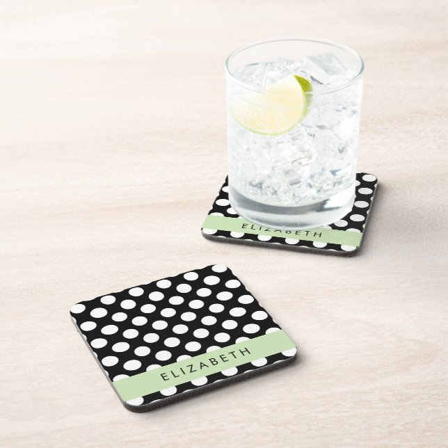 Black and White Polka Dots, Dotted, Your Name Coaster (Right Side)