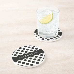 Black and White Polka Dots, Dotted, Your Name Coaster