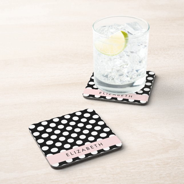 Black and White Polka Dots, Dotted, Your Name Coaster (Right Side)