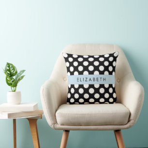 Black and White Polka Dots, Dotted, Your Name Cushion