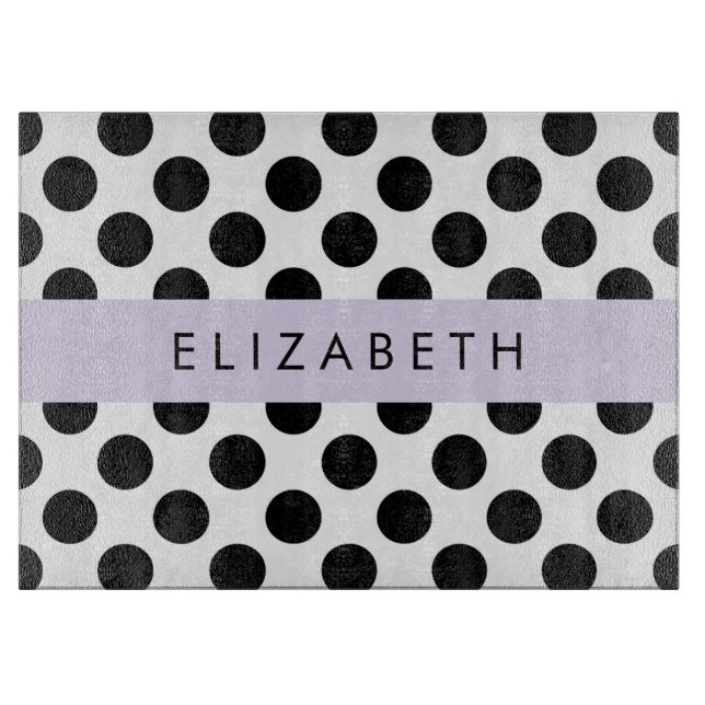 Black and White Polka Dots, Dotted, Your Name Cutting Board (Front)