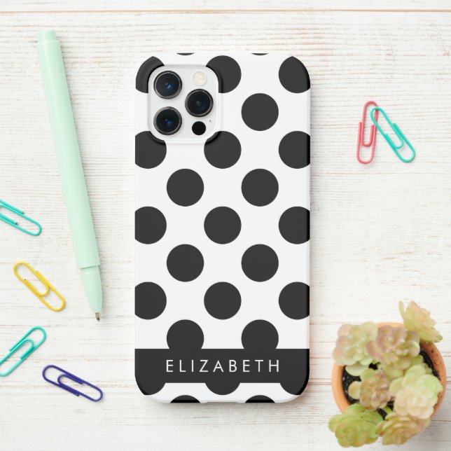 Black and White Polka Dots, Dotted, Your Name iPhone Case (On Desk)