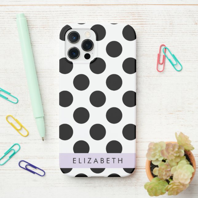 Black and White Polka Dots, Dotted, Your Name iPhone Case (On Desk)