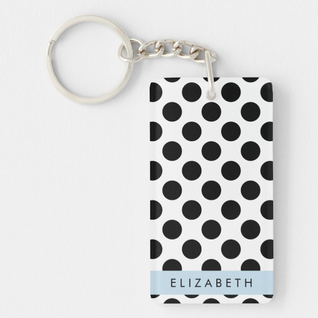 Black and White Polka Dots, Dotted, Your Name Key Ring (Front)