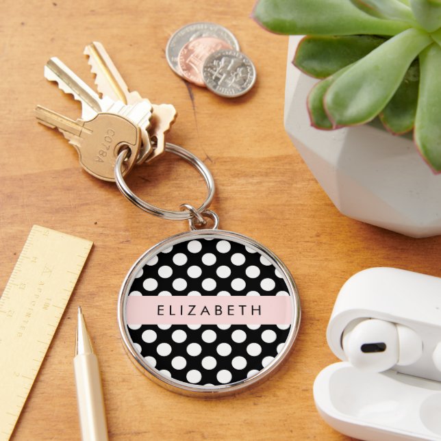 Black and White Polka Dots, Dotted, Your Name Key Ring (Desk)