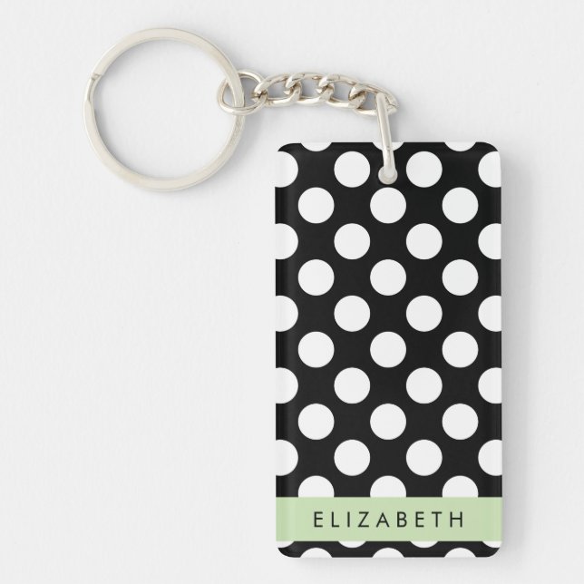 Black and White Polka Dots, Dotted, Your Name Key Ring (Front)