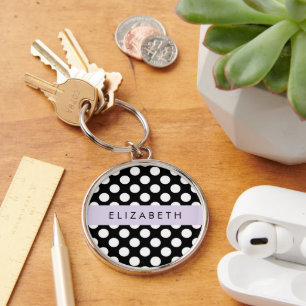 Black and White Polka Dots, Dotted, Your Name Key Ring