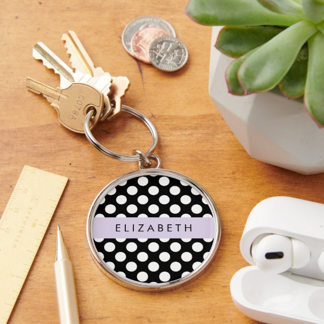 Black and White Polka Dots, Dotted, Your Name Key Ring (Desk)