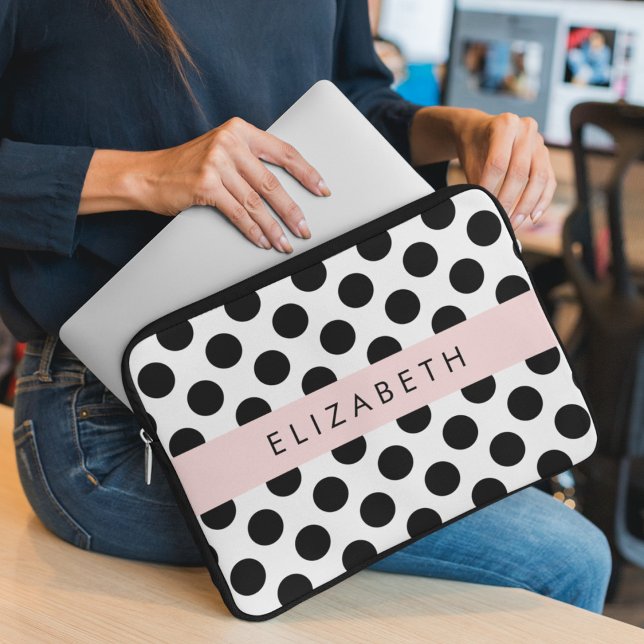 Black and White Polka Dots, Dotted, Your Name Laptop Sleeve (Creator Uploaded)