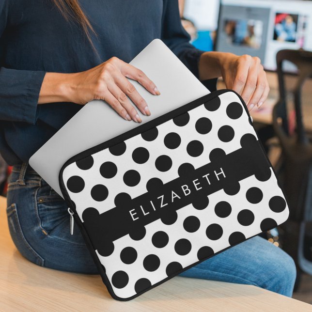 Black and White Polka Dots, Dotted, Your Name Laptop Sleeve (Creator Uploaded)