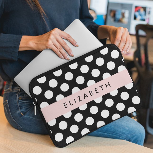 Black and White Polka Dots, Dotted, Your Name Laptop Sleeve (Creator Uploaded)