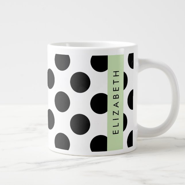 Black and White Polka Dots, Dotted, Your Name Large Coffee Mug (Right)