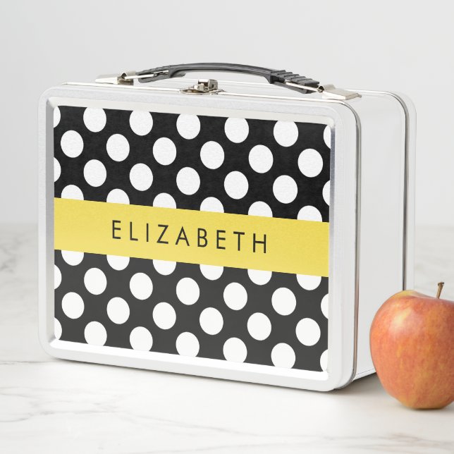 Black and White Polka Dots, Dotted, Your Name Metal Lunch Box (In Situ)