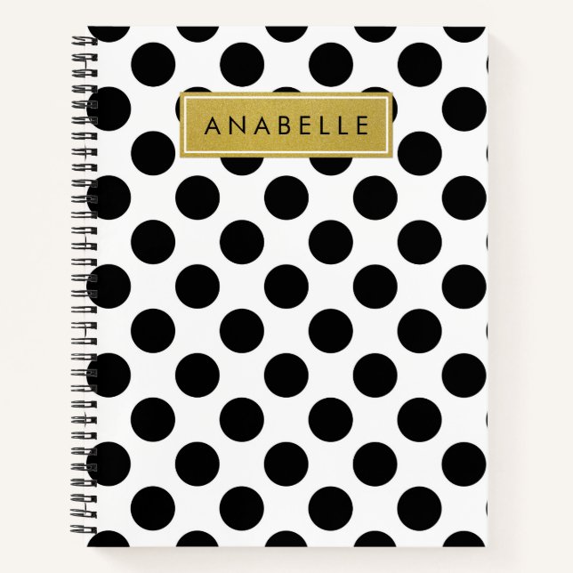 Black and White Polka Dots, Dotted, Your Name Notebook (Front)