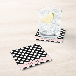Black and White Polka Dots, Dotted, Your Name Square Paper Coaster
