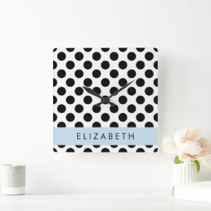 Black and White Polka Dots, Dotted, Your Name Square Wall Clock