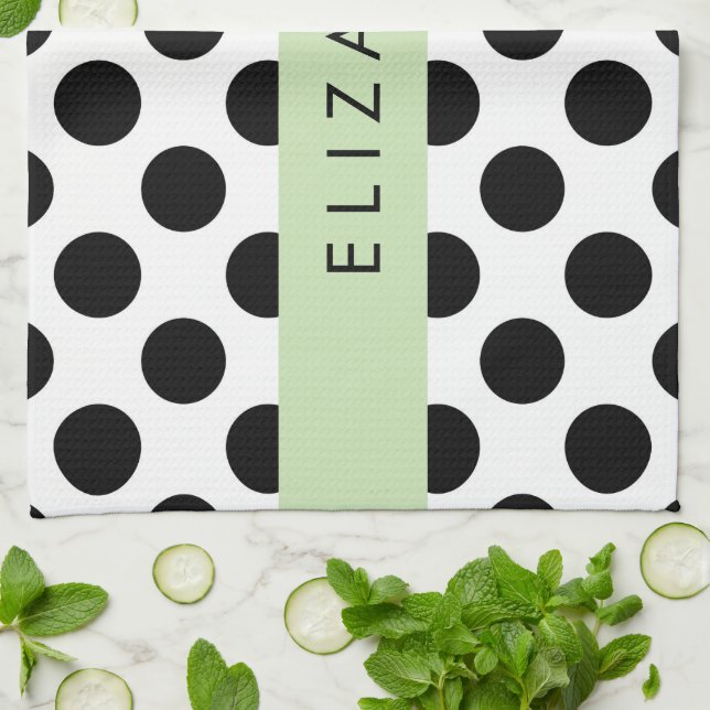 Black and White Polka Dots, Dotted, Your Name Tea Towel (Folded)