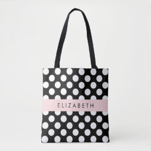 Black and White Polka Dots, Dotted, Your Name Tote Bag