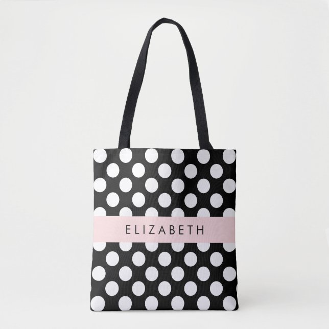 Black and White Polka Dots, Dotted, Your Name Tote Bag (Front)