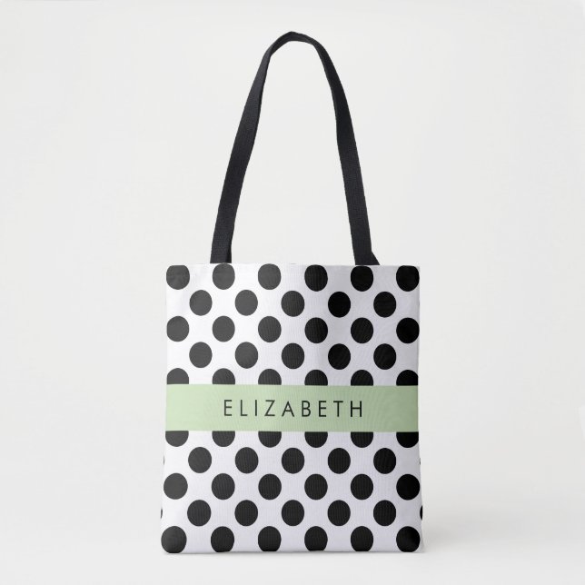Black and White Polka Dots, Dotted, Your Name Tote Bag (Front)