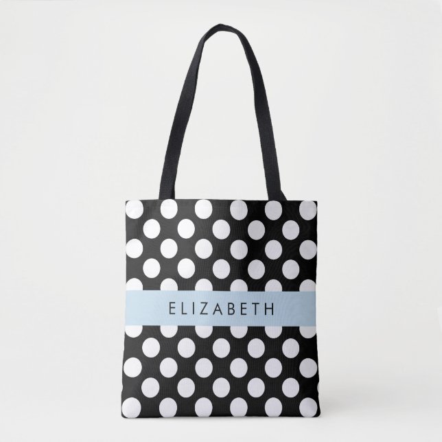 Black and White Polka Dots, Dotted, Your Name Tote Bag (Front)