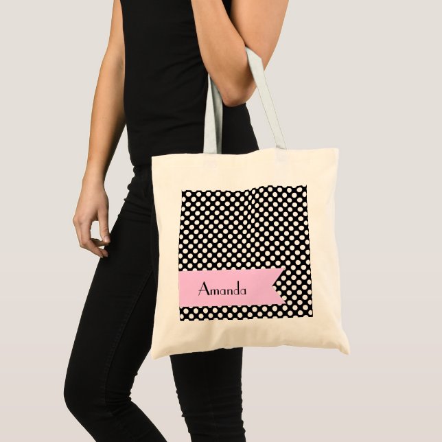 Black and White Polka Dots, Dotted, Your Name Tote Bag (Front (Product))