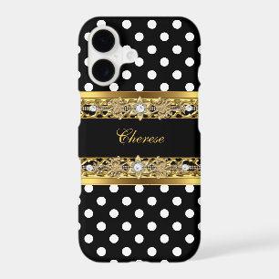 Black and White Polka Dots Floral Gold